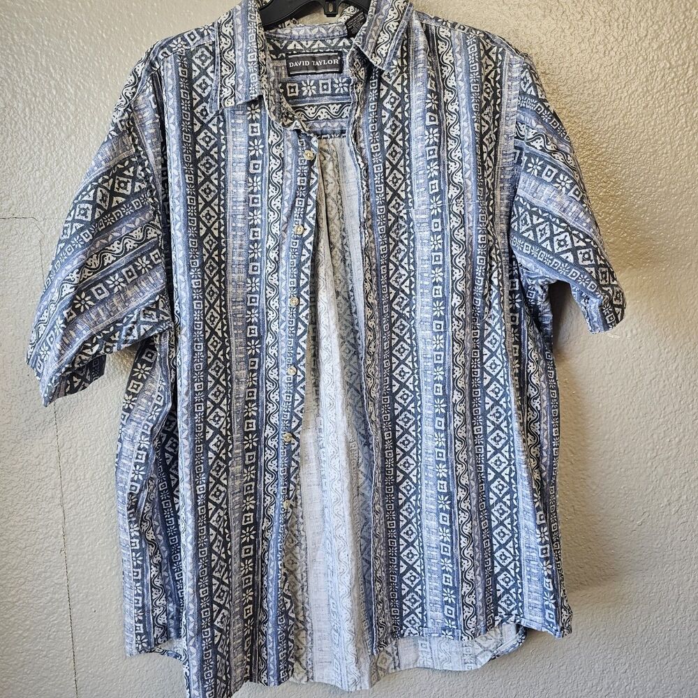 David Taylor Mens Shirt XL Blue Geometric Print Short Sleeve Casual Beach  DD699